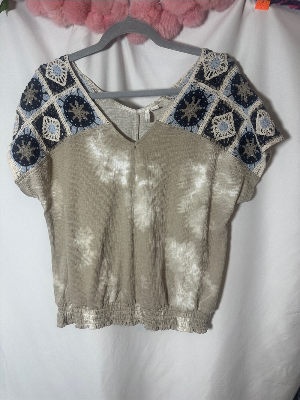 Cato Beige Tie-Dye Short Sleeve Top with Navy Crochet Shoulders